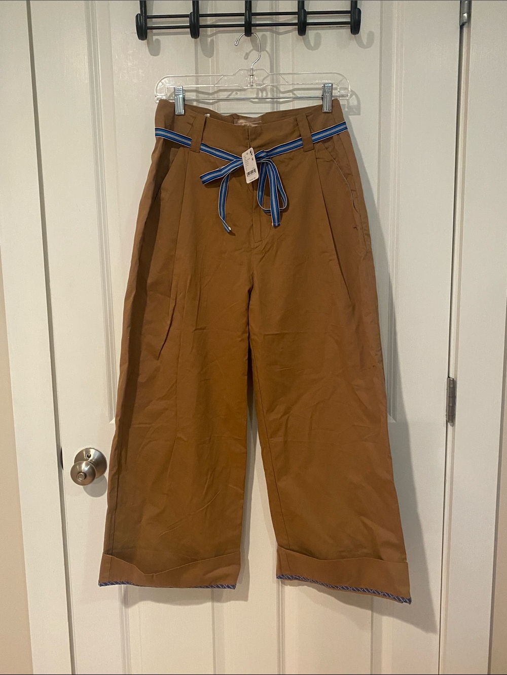 Free People Brown Wide-Leg Chinos with Blue-Striped Tie Belt